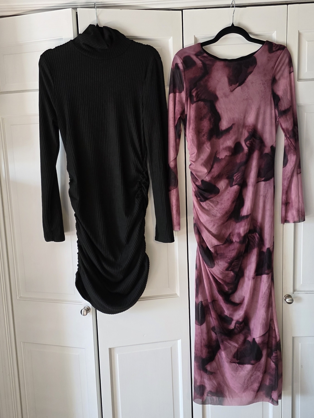 Y2K Bodycon Dress Bundle XL Black Ruched Midi + Pink Tie Dye Maxi Going Out Club - Picture 2 of 3